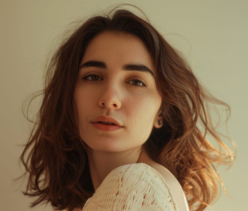 A serene image of a young woman in soft light, creating a calm mood with her relaxed and thoughtful expression.