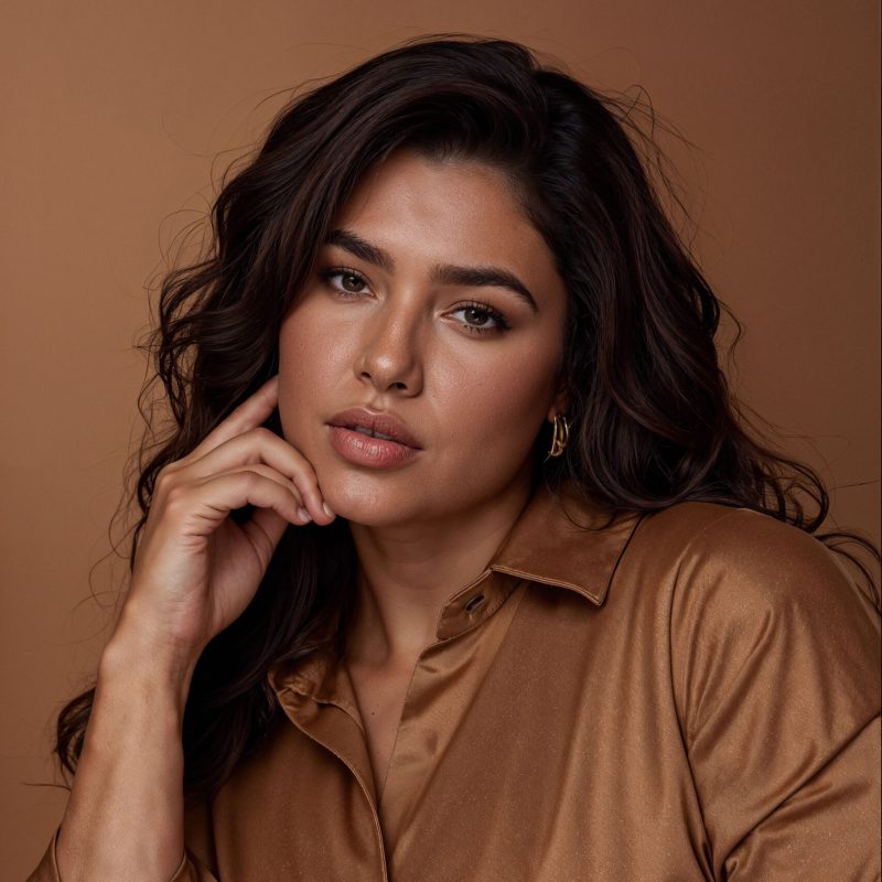 mujer hermosa con camisa marron